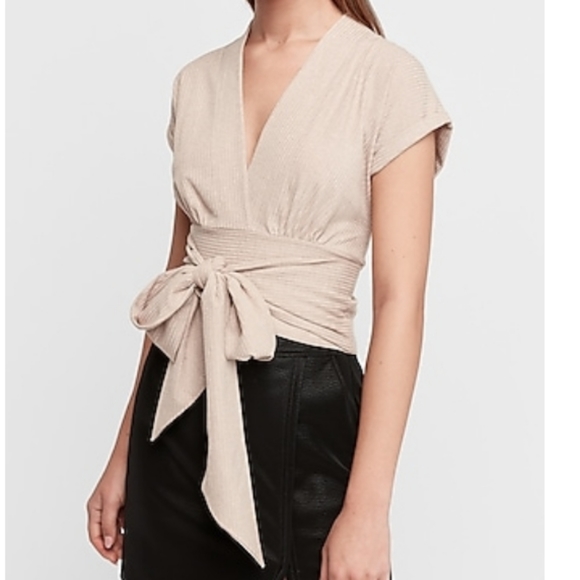 Express Tops - New Express Metallic Ribbed Wrap Front Top